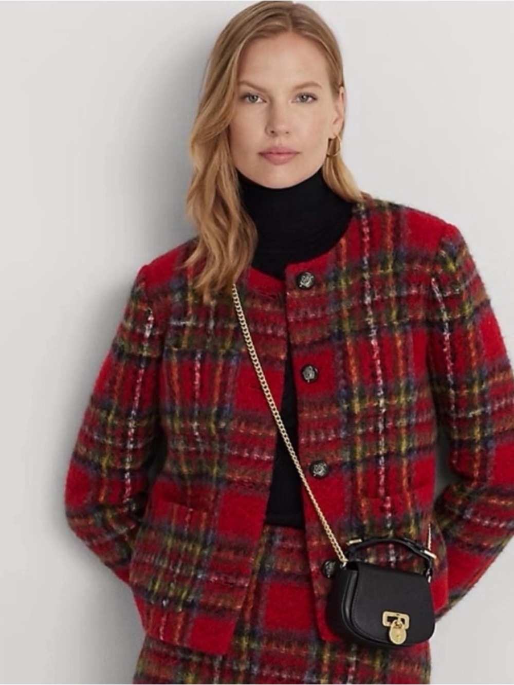 NWT Lauren Ralph Lauren 20WPlaid Round Neckline Mohair Tweed Cropped Jacket